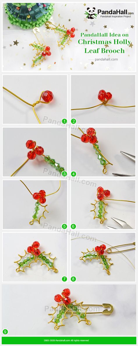 Beaded Holly Leaves, Beading Brooch, Brooch Beads, French Beading, Panda Hall, Beads Christmas, Bird Mobile, Wire Wrapping Tutorial, Beaded Leaf