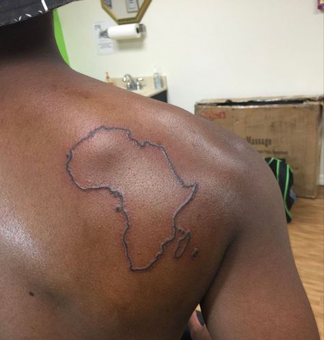 Africa Shoulder Tattoo, Africa Back Tattoo, Liberian Tattoos, African Style Tattoos, Tattoo Of Africa, Liberia Tattoo, Zimbabwe Tattoo, Africa Tattoos Men, Africa Outline Tattoo