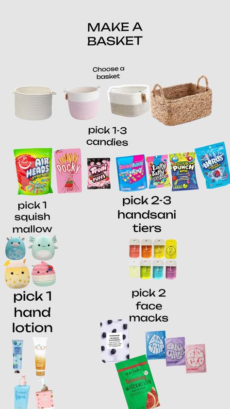 make a cute basket Build A Basket, What To Put In A Birthday Basket, Pick A Basket, Make A Birthday Basket, Make Your Own Basket, Brrrr Basket, Cute Basket Ideas, Burrr Basket, Bestie Basket