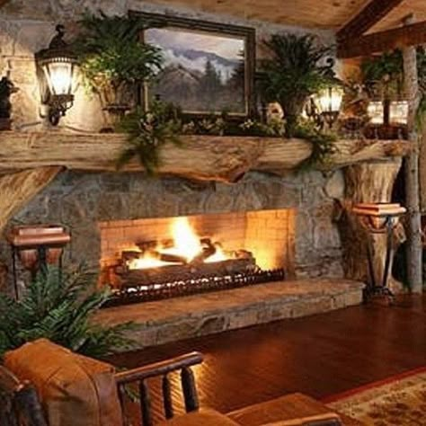 Beautiful Fireplace Design ~ White Arrows Home Rustic Stone Fireplace, Country Living Room Design, Cabin Fireplace, Log Home Decorating, Rustic Fireplaces, Rustic Stone, Log Cabin Homes, Country Living Room, Lodge Decor