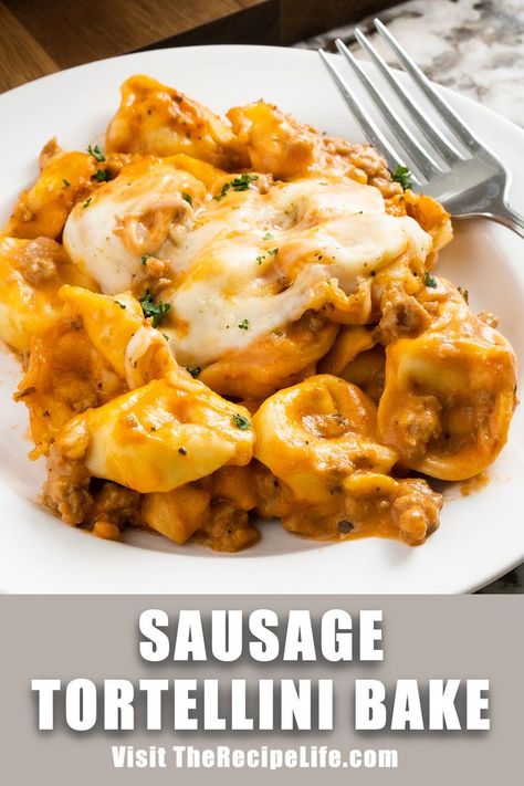 Sausage Tortellini topped with melted cheese plated and ready to eat! Cheese Tortellini Recipes, Ground Sausage Recipes, Tortellini Alfredo, Sausage Recipes For Dinner, Tortellini Bake, Sausage Tortellini, Ziti Recipes, Meat Sauce Recipes, Tortellini Recipes