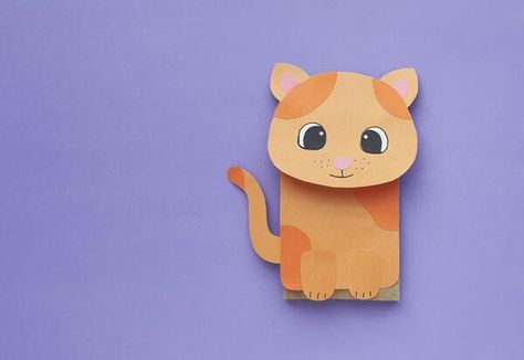 Fashion Painting Ideas, Cat Paper Bag Puppet, Bag Puppet, Puppet Craft, Cat Paper, Recycled Crafts Kids, Children Crafts, Puppets For Kids, Paper Bag Puppets