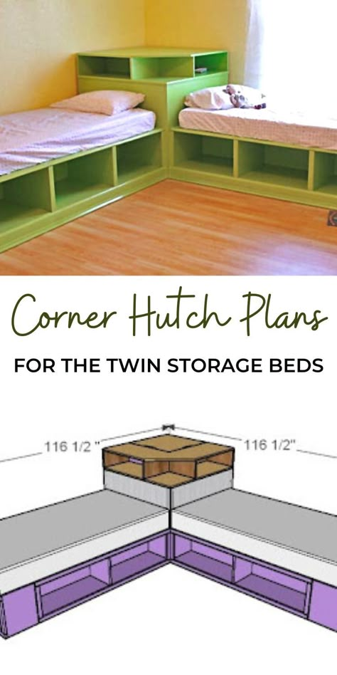 L Shaped Twin Beds, Corner Twin Beds, Diy Twin Bed Frame, L Shaped Beds, Diy Twin Bed, Diy Kids Bed, Twin Storage, Twin Storage Bed, Corner Hutch