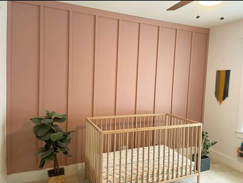 Vertical Board And Batten Wall Nursery, Batten Board Designs, Pink Batten Wall, Boho Nursery Board And Batten, Board And Batten Wall With Shelves, Batten Board Nursery Wall, Full Batten Board Walls, Board And Batten Pink Wall, Square Board And Batten Wall Bedroom