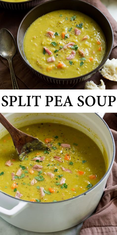 Homemade Split Pea Soup - This hearty, protein packed, comforting soup is made with tender split peas, flavorful ham and fresh vegetables. It's easy to make and perfect for the cold weather. #splitpea #soup #fall #recipe Split Soup Pea, Split Pea Soup No Meat, Ina Garden Split Pea Soup, Classic Split Pea Soup, Modern Nona Recipes, Instant Pot Split Pea And Ham Soup, Split Pea And Ham Soup Stove Top, Crock Pot Pea Soup, Easy Broth Soup Recipes