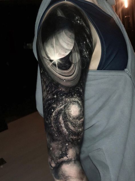 Galaxy Tattoo Black And White, Tattoos Black And White, Galaxy Tattoos, Galaxy Black And White, Galaxy Tattoo Sleeve, Space Tattoo Sleeve, Shen Long Tattoo, Cover Up Tattoos For Men, Cosmos Tattoo