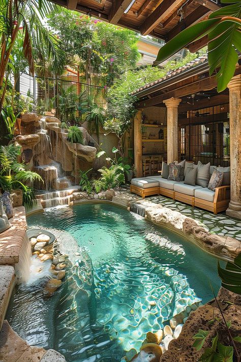 Luxurious backyard tropical oasis with waterfall, lush greenery, and comfortable poolside seating area. Kolam Koi, Dream Backyard Pool, Pelan Rumah, Dream Life House, التصميم الخارجي للمنزل, Dream Pools, Inspire Me Home Decor, Dream House Rooms, Hus Inspiration