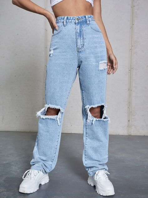 Light Wash    Denim Plain Boyfriend Fit  Non-Stretch  Women Denim Boyfriend Jeans Outfit, Jeans With Rips, Dress Book, Ripped Boyfriend Jeans, Stylish Dress Book, Jeans Outfit, Light Wash Denim, Boyfriend Fit, Image Hd