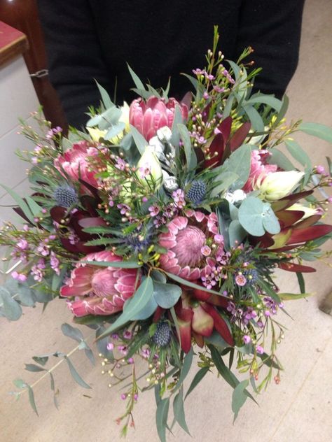 * Native Flower Decorations, Autumn Wedding Bouquet Australia, Protea Flower Bouquet, Protea Arrangements, Protea Centerpiece, Protea Wedding Bouquet, Native Bouquet, Native Wedding, Pink Protea