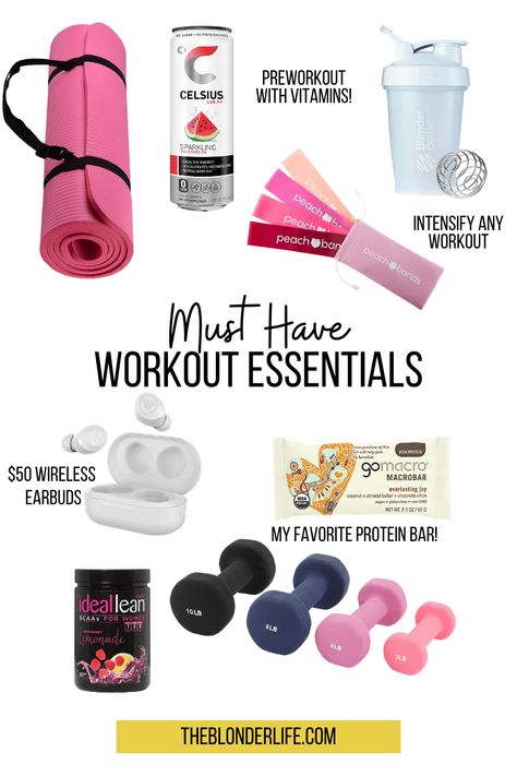 Workout Essentials Aesthetic, At Home Workout Essentials, Work Out Essentials, Things To Bring To The Gym, Workout Equipment Aesthetic, Gym Must Haves For Women, Gym Essentials Woman, Workout Must Haves, Workout Bag Essentials