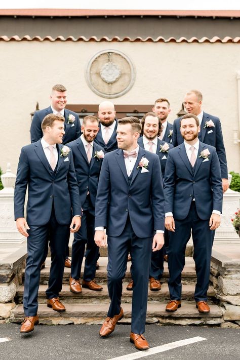 Mauve Ties Groomsmen, Navy Blue Tuxedo Wedding Dusty Rose, Navy Tux Wedding Groom & Groomsmen Suits, Groomsmen In Navy Suits, Groomsmen Attire Mauve, Groomsmen Attire Dark Blue, Wedding Groomsmen Attire Navy, Navy Groom And Groomsmen, Groomsmen Attire Blue Suit