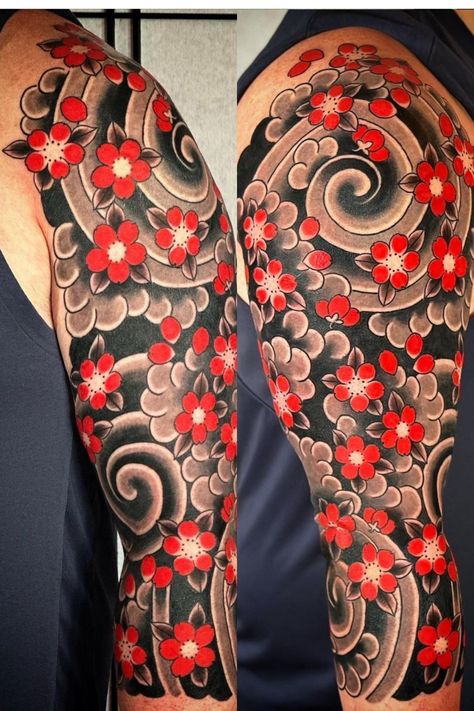 Japanese Gap Filler Tattoo, Tattoo Filler Ideas For Women Backgrounds, Japanese Tattoo Filler, Tattoo Filler Ideas Sleeve Backgrounds Design, Japanese Flower Sleeve, Tattoo Filler Ideas Men Backgrounds, Japanese Half Sleeve, Filler Tattoo Designs, Traditional Tattoo Filler