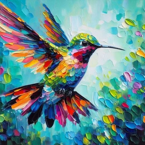 Humming Bird Painting Acrylics, Hummingbird Painting Acrylic, Bird Painting Acrylic, Hummingbird Painting, Hummingbird Art, Colorful Oil Painting, Flower Painting Canvas, Art Painting Acrylic, Diy Canvas Art