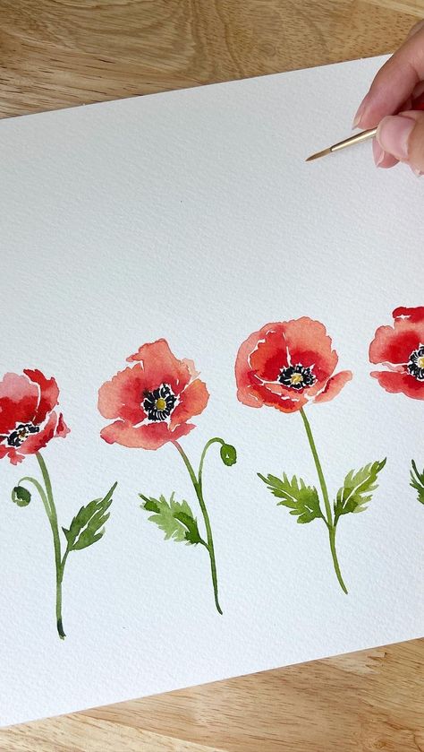 Carrie | I love ya, Poppy. #poppies #watercolorpoppies #watercolortutorial #learnwatercolor #watercolorflowers #wildflowers #watercolorwildflowers… | Instagram Poppy Drawing Watercolor, How To Paint A Poppy Watercolor, Painted Poppy Flowers, Poppy Drawing Easy, Simple Flower Watercolor Paintings, Watercolor Poppy Flower, Water Colour Poppy, Watercolour Poppies, Watercolour Poppy