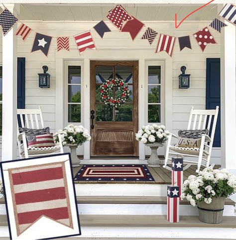 Country 4th Of July, Bunting Diy, 4th Of July Decor, Summer Porch, Farmhouse Porch, July Decor, Front Porch Decor, Bunting Garland, Good Ole