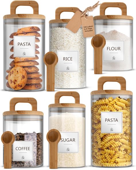 PRICES MAY VARY. VERSATILE FOOD STORAGE: These glass jars with airtight bamboo lids are perfect for storing a variety of items like spices, coffee beans, pasta, cookies, and more, keeping your pantry organized and ingredients fresh STYLISH AND FUNCTIONAL: With their clear glass design and elegant bamboo lids, these containers add a touch of sophistication to your kitchen while providing airtight sealing to preserve the flavors and textures of your favorite foods SPACE-EFFICIENT STORAGE: The squa Coffee Bar Containers, Must Have Kitchen Items, Food Pantry Organizing, Glass Storage Containers, House Essentials, Pantry Essentials, Efficient Storage, Kitchen Aesthetic, Space Efficient