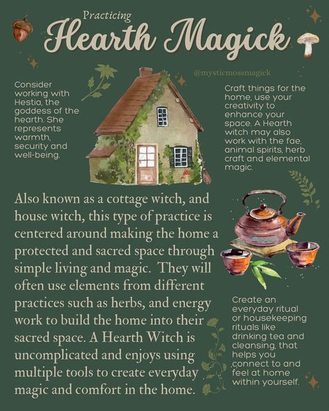 A hearth witch is also sometimes referred to as a cottage witch or house witch, and is someone who practices crafting a home into a sacred space by working with multiple practices like energy work, herb craft, working with the fae, and animal spirits and many other things. It is someone who understands the importance of connecting to the self through creating magic out of everyday routines through spiritual practice, witchcraft and sacred housekeeping. ✨🌿🌙🍂 . . . #greenwitch #housewitch #cott... New House Witchcraft, New Home Ritual Witch, Hearth Witch Spells, Scandinavian Witch, Witchy Cleaning, Hearth Witch Aesthetic, Eclectic Witch Aesthetic, Hearth Witchcraft, House Witchcraft