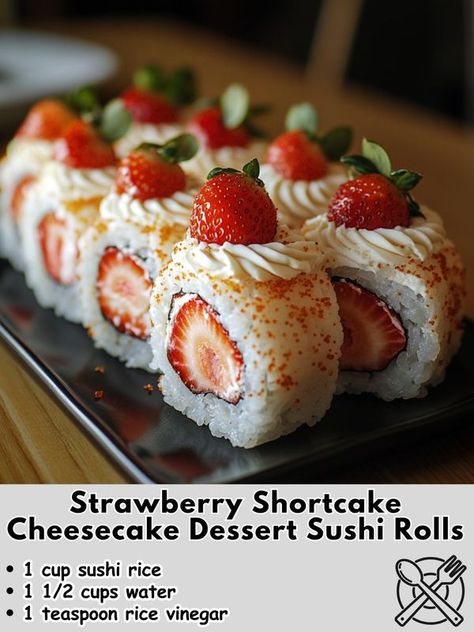 Strawberry Shortcake Cheesecake, Dessert Sushi, Chill Time, Cheesecake Desserts, Busy People, Sushi Rice, Sushi Rolls, Strawberry Recipes, Rice Vinegar