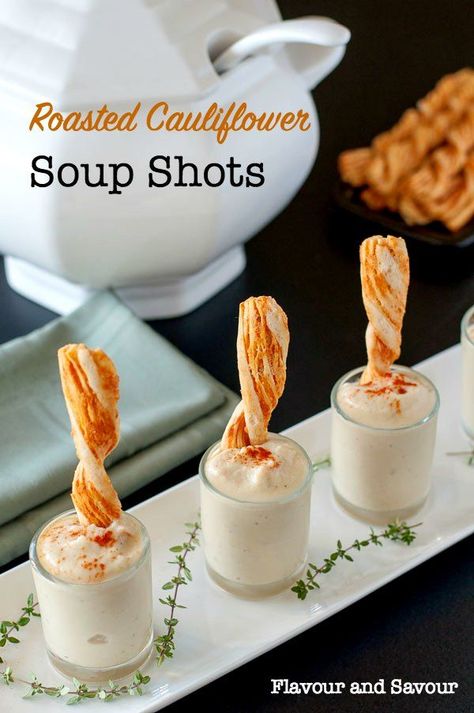 Roasted Cauliflower Soup Shots! Creamy, dairy-free tasty soup shots. Ideal for a pre-dinner appetizer. Small servings of soup served in shooter glasses. #soupshots #soupshooters #roasted #cauliflower #soup #dairyfree #flavourandsavour Thanksgiving Soup Recipes, Starters For Dinner, Soup Shots, Thanksgiving Soups, Soup Shooters, Roasted Cauliflower Recipes, Roasted Cauliflower Soup, Soup Appetizers, Woman Casual