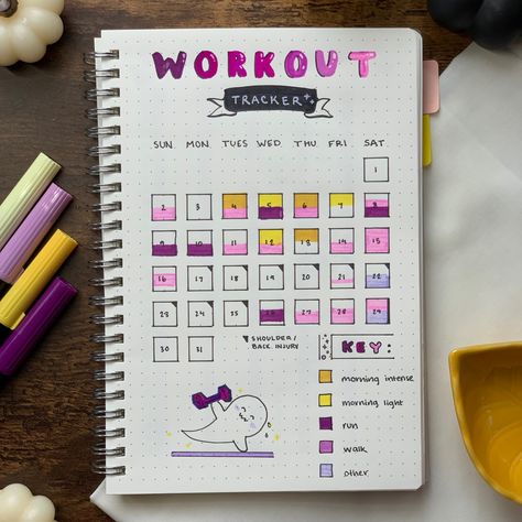 Workout Schedule Journal Ideas, Workout Tracker Journal, Work Out Journal Ideas, Softball Journal Ideas, Workout Chart Tracker, Bujo Workout Tracker, Workout Tracker Bullet Journal, Workout Bullet Journal, Bullet Journal Fitness Tracker