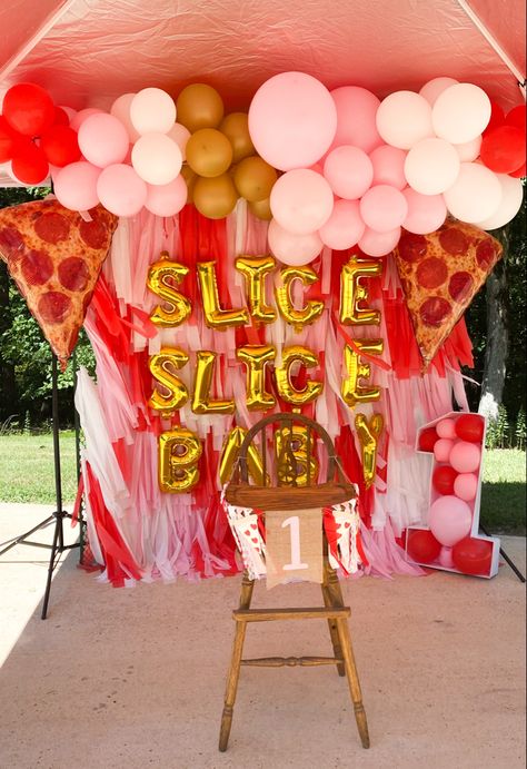 Pizzeria Party Decorations, Second Birthday Pizza Party, Pizza Party Balloon Arch, Red And White Photo Backdrop, Pizza Baby Month Pictures, 3rd Birthday Pizza Party, Pizza Party Theme Ideas, Pizza Theme 1st Birthday, Girly Pizza Party