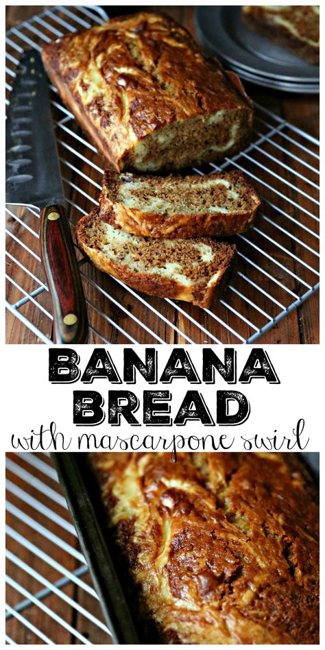 Banana Bread with Mascarpone Cheese Swirl - bell' alimento | bell' alimento Recipes With Mascarpone Cheese, Breakfast Vegetarian, Mascarpone Recipes, Vegan Breakfasts, Cake Tips, Jen Jen, Overripe Bananas, Coffee Cakes, Mascarpone Cheese