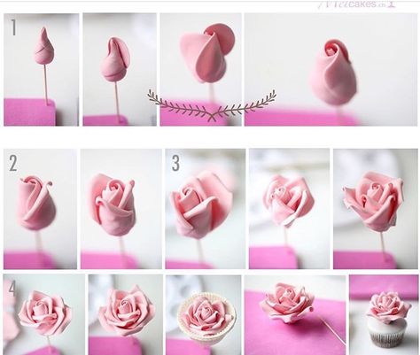 Rose Clay Flower Jewelry, Gum Paste Flowers Tutorials, Tårta Design, Flower Cake Design, Fondant Flower Tutorial, Fondant Flower Cake, 3d Nail Art Designs, Fondant Rose, Polymer Clay Flower Jewelry