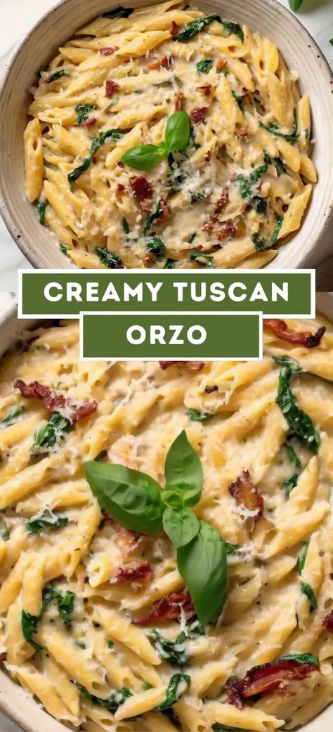 Creamy Tuscan Orzo Creamy Tuscan Orzo, Tuscan Chicken Orzo, Tuscan Orzo, Orzo Dishes, Tuscan Pasta, Orzo Recipe, Tuscan Chicken Pasta, Tuscan Recipes, Seared Pork Chops