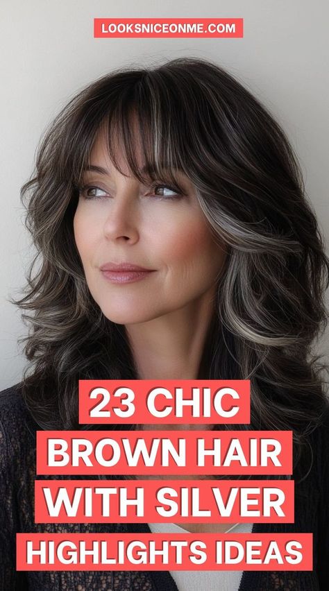 Stay on trend with brown hair and silver highlights, a perfect mix of natural tones and metallic accents! These 5 ideas are versatile and flattering, making them a great choice for any age or style preference. #TrendyHair #SilverOnBrown #AgeDefying Blending Gray Hair In Dark Hair, Best Hair Colors For Greying Hair, Dark Brown Hair Going Grey Highlights, Best Hair Color For Brunettes Going Grey, Grey Blending Reddish Brown Hair, Dark Brown With Highlights Blonde, Silver In Brown Hair, Highlight For Dark Brown Curly Hair, Transitions To Gray Hair