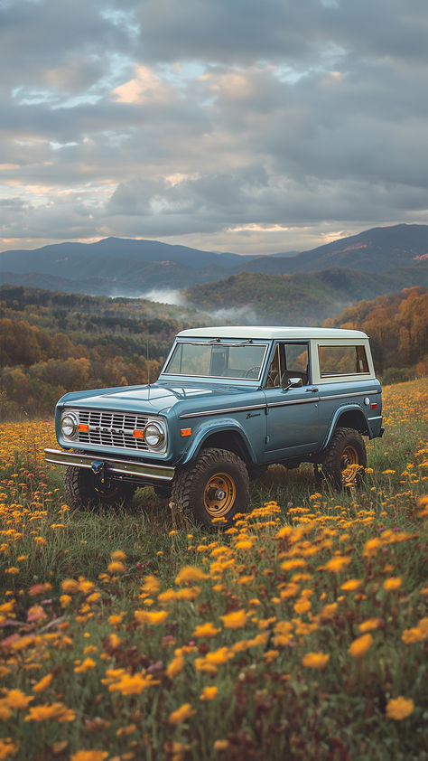 A vintage blue Ford Bronco stands in a vibrant field of yellow wildflowers, with the smoky blue hills of the Tennessee mountains rising in the background under a dramatic sky. Blue Ford Bronco, Tennessee Landscape, Old Ford Bronco, Bronco Car, Old Bronco, Classic Bronco, Early Bronco, Hot Wheels Garage, Classic Ford Broncos