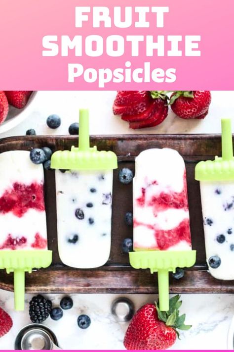 homemade fruit smoothie popsicles made with blueberries, strawberries, and Greek yogurt Fresh Fruit Popsicles Recipes, Real Fruit Popsicles Recipes, Frozen Fruit Popsicles Recipes, Diy Popsicle Recipes, Frozen Fruit Popsicles, Homemade Fruit Smoothies, Real Fruit Popsicles, Yogurt Popsicle Recipes, Fruity Popsicles