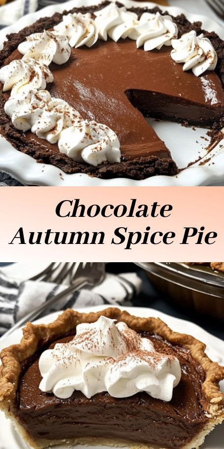 Chocolate Cream Pie with Autumn Spice: Indulge in this rich and flavorful dessert that combines the goodness of chocolate with a hint of autumn spices for the perfect seasonal treat. A must-try for chocolate lovers! Autumn Pies, Seasonal Baking, Fall Pies, Spiced Chocolate, Chocolate Cream Pie, Seasonal Treats, Chocolate Pies, Fall Spices, Dessert Lover