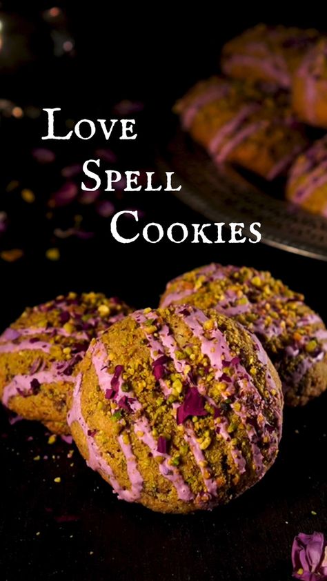 Food Spell Recipes, Love Spell Cookies Recipe, Witch Recipes Baking, Witchy Party Foods, Witchy Pastries, Imbolc Cookies, Love Spell Cookies, Witchy Baked Goods, Moon Spell Cookies