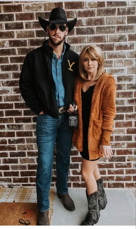 Couples Halloween Costume Ideas Country, Couples Country Costumes, Couple Halloween Costumes Cowboy, Couples Country Halloween Costume, Bath And Rip Costume, Country Couples Costumes, Country Couple Costumes, Cowboy And Indian Couple Halloween, Cleaver Halloween Costumes