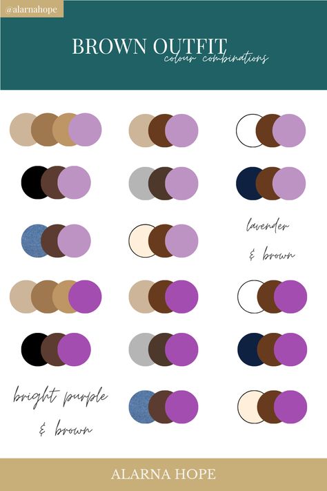 What Colours Go With Brown Clothes + Colour Combinations — Alarna Hope Dark Brown Colour Combination, What Colours Go With Brown, Brown Purple Outfit, Brown Colour Combination Outfit, Clothes Colour Combinations, Purple And Brown Outfit, Brown Color Combinations Outfits, Brown Color Combinations, Outfits With Purple