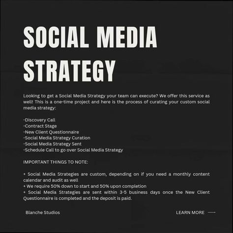 A Guide to Our Services at Blanche Studios Our Social Media Marketing Agency offers the following services: + Full-Service Social Media Management + Content Creation + Social Media Strategy & Audits + Custom Content Calendars + Monthly Strategy Calls Swipe to see more information about the services Volume One Studios offers If you have any further questions or you're ready to work with us, click the in our bio. We can't wait to meet you! #socialmediamarketingagency #socialmediamarketingm... Social Media Manager Bio Ideas, Creative Strategy, Marketing Agency Social Media, Social Media Content Strategy, Social Media Agency, Social Media Advertising Design, Social Media Strategist, Social Media Marketing Agency, Social Media Marketing Business