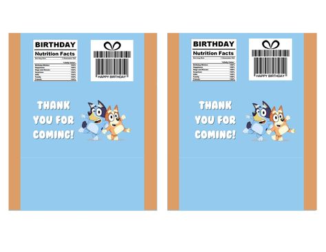 Digital copy of Bluey chip bag that you can print at home and fill with your favorite party treat! Bluey Chip Bags, Bluey Party, Bottle Labels Printable, Bluey Birthday, Candy Labels, Rice Krispy, Chocolate Wrappers, Rice Crispy Treats, Candy Wrappers