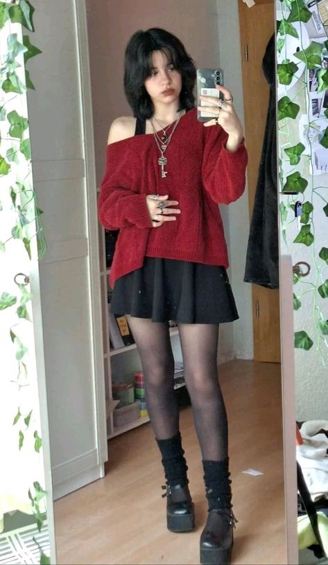 Off The Shoulder Sweaters Outfits, Red Shirt And Black Skirt, Red And Brown Fall Outfits, Red Off Shoulder Sweater Outfit, Off Shoulder Red Sweater, Aesthetic Outfits Sweaters, Black Star Outfit, Black Skirt Ideas Outfit, Red Grunge Outfit Aesthetic