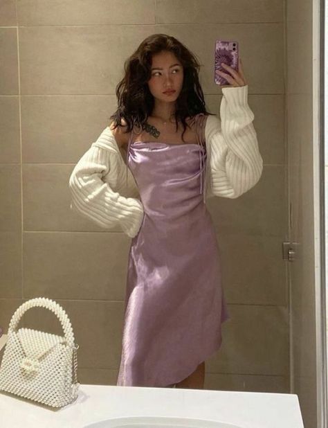 valentines day outfit, date night inspiration, purple satin maxi dress, cream sweater bolero, pearl handbag purse, cottage girl styling, coquette, soft girl, Outfit ideas, outfits, outfits aesthetic, outfit ideas summer, outfit inspirations, outfits for school, outfit ideas for school, outfit ideas party night, outfit inspo for school, ootd, ootd winter, fashion outfits, fashion, fashion killa, fashion dresses, inspo outfit, fits for school, fit inspo, sweater outfits, sweater outfits men, sweat Pastel Fits, Midi Prom Dress, Classic Prom Dress, Streetwear Dress, Fashion Bella, Dream Dresses, Looks Street Style, Purple Silk, Mode Inspo