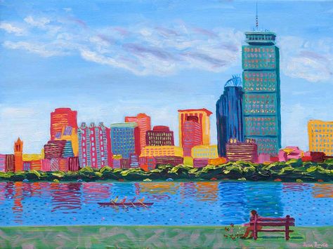 Sean Boyce Studios: Boston Skyline with Guy Feeding Birds Feeding Birds, Boston Skyline, Cityscape, Boston, The First, Birds, Water