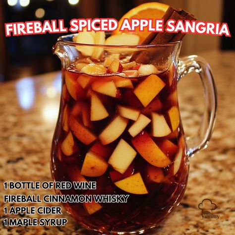 🔥🍏✨ Elevate your sangria game with the Fireball Spiced Apple Sangria! Perfect for cozy nights in. 🍷 #Sangria #Recipe Fireball Spiced Apple Sangria Ingredients: - 1 bottle of red wine (750ml) - 1 cup Fireball Cinnamon Whisky - 1/2 cup apple cider - 1/4 cup maple syrup - 2 apples, sliced - 1 orange, sliced - 1 cinnamon stick - Club soda (optional) - Ice Instructions: 1. In a large pitcher, combine red wine, Fireball, apple cider, and maple syrup. Stir well. 2. Add sliced apples, orange, and ... Fireball Apple Cider, Sangria Ingredients, Apple Sangria, Cozy Fall Recipes, Sliced Apples, Sangria Recipe, Twisted Recipes, Festive Drinks, Sangria Recipes