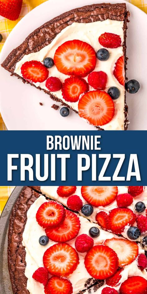 Brownie Fruit Pizza combines a fudgy brownie crust with sweet whipped cream cheese and fresh berries for a fun, fresh dessert that everyone in the family will love. It’s an easy way to upgrade the boxed brownie mix that’s been sitting in your pantry and you can make it your own by switching up the toppings. Fruit Pizza Brownie Crust, Brownie Fruit Pizza Recipe, Brownie Fruit Pizza With Cream Cheese, Pampered Chef Brownie Pizza, Pizza Night Dessert, Brownies With Fruit, Brownie Pizza Ideas, Brownie Pizza Dessert, Brownie Upgrade