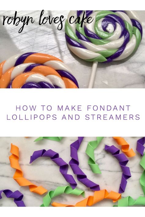 easy lollipops and streamers from fondant - robyn loves cake. Learn how to make these cute and fun decorations for your next party cake! Fondant Lollipop, Fondant Roller, Fondant Smoother, Flowers To Go, Lollipop Cake, Perfect Chocolate Cake, Fun Decorations, Magic Cake, Cake Blog