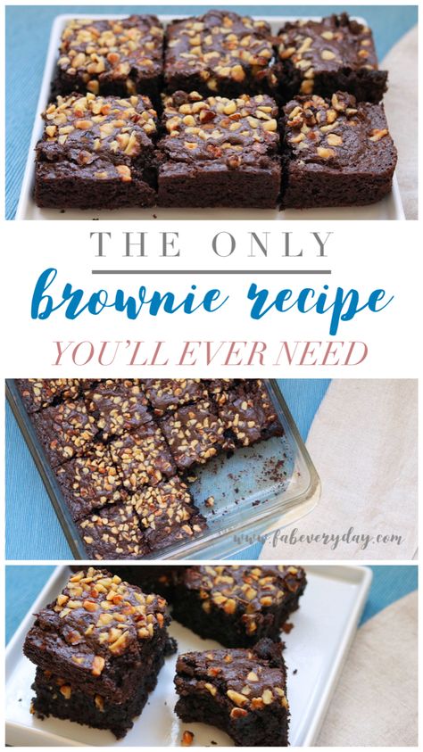 Happy National Brownie Day! Click or visit FabEveryday.com for the easy fail-proof recipe to join in the celebration by making my Classic Brownies (with or without nuts). It’s the last brownie recipe you’ll ever need! Be sure to pin this one to your dessert and menu planning boards. #brownie #brownies #recipe #recipes #easyrecipe #easyrecipes #dessert #desserts #dessertrecipe #dessertrecipes #cocoa #cocoapowder #baking #easydessert #chocolatelover #darkchocolate #walnuts #fabfood Boxed Brownie Recipes, Basic Brownie Recipe, National Brownie Day, Classic Brownies, Classic Brownies Recipe, Homemade Brownies Easy, Cookie Dough Cake, Best Brownie Recipe, Brownies Recipe Homemade