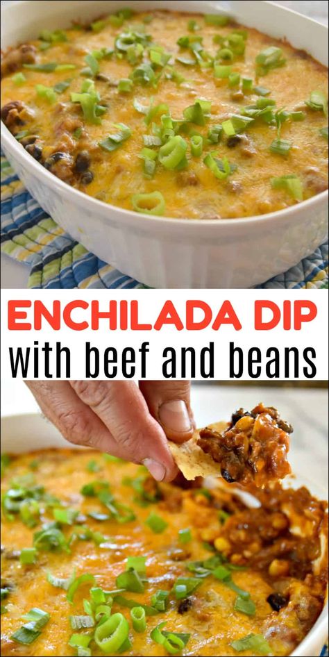 Beef and Bean Enchilada Dip Dip With Beef, Beef Enchilada Dip, Beef And Beans, Enchilada Dip, Recipe Cheesecake, Enchilada Ingredients, Healty Dinner, Cheesy Dip, Bean Enchiladas