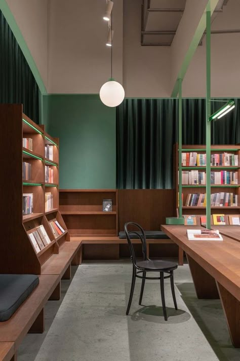 Gallery of Common Reader Bookstore / Atelier TAO+C - 15 Glass Bookshelves, Bookstore Design, Single Desk, Metal Columns, Cafe Seating, Books Decor, Modern Library, Book Cafe, Green Curtains