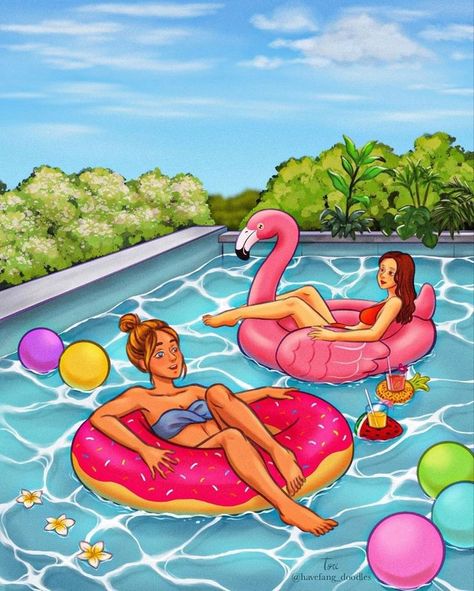 Cute Pool Floats, Pool Drawing, Summer Illustrations, Swimming Pool Art, Relaxing Pool, Summer Magic, Summer Drawings, Pool Poses, Summer Wallpapers