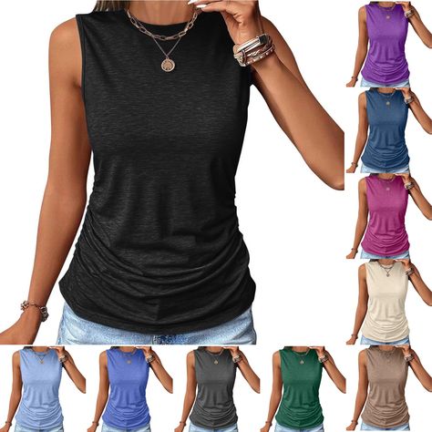 PRICES MAY VARY. Tank Top for Women-Material:Tank tops made of 60%Polyester,5%Spandex,35%Cottonhigh quality material, ruched design, medium stretch soft, skin-friendly and breathable,comfortable to wear. Womens Tank Top-Features: stretch knit fabric, round neck, high neck, solid color, loose fit. Sleeveless camisole for summer, casual and fashionable, must have tank top for fashionable women. Tank Top for Women 2024-Match: Pair with jeans, leggings, shorts, and loafers for a casual everyday look Black Tank Tops For Women, Clothes For Women With Big Bust, Loose Summer Tops, Undershirt Women, Work Leggings, Dressy Summer Outfits, Cute White Tops, Loose Tank Top, Office Clothes