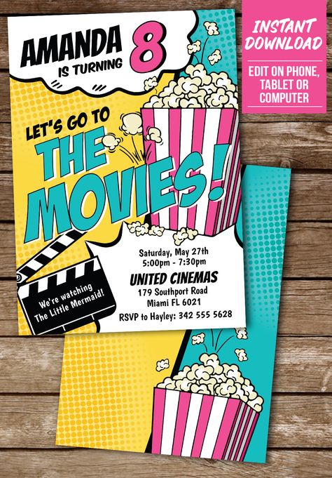 An editable movie birthday invitation for a girl, featuring a vibrant comic style design with a big box of popcorn that's popping all over this invite! Movie Birthday Party Invitations, Movie Party Invitations, Movie Popcorn, Movie Birthday Party, Popcorn Party, Movie Birthday, Girl Movies, Movie Party, Comic Style