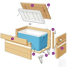 bonne idée Cool Woodshop Projects, Wooden Ice Chest, Deck Cooler, Cooler Table, Balcon Mic, Wood Cooler, Diy Patio Ideas, Wooden Cooler, Gerobak Dorong